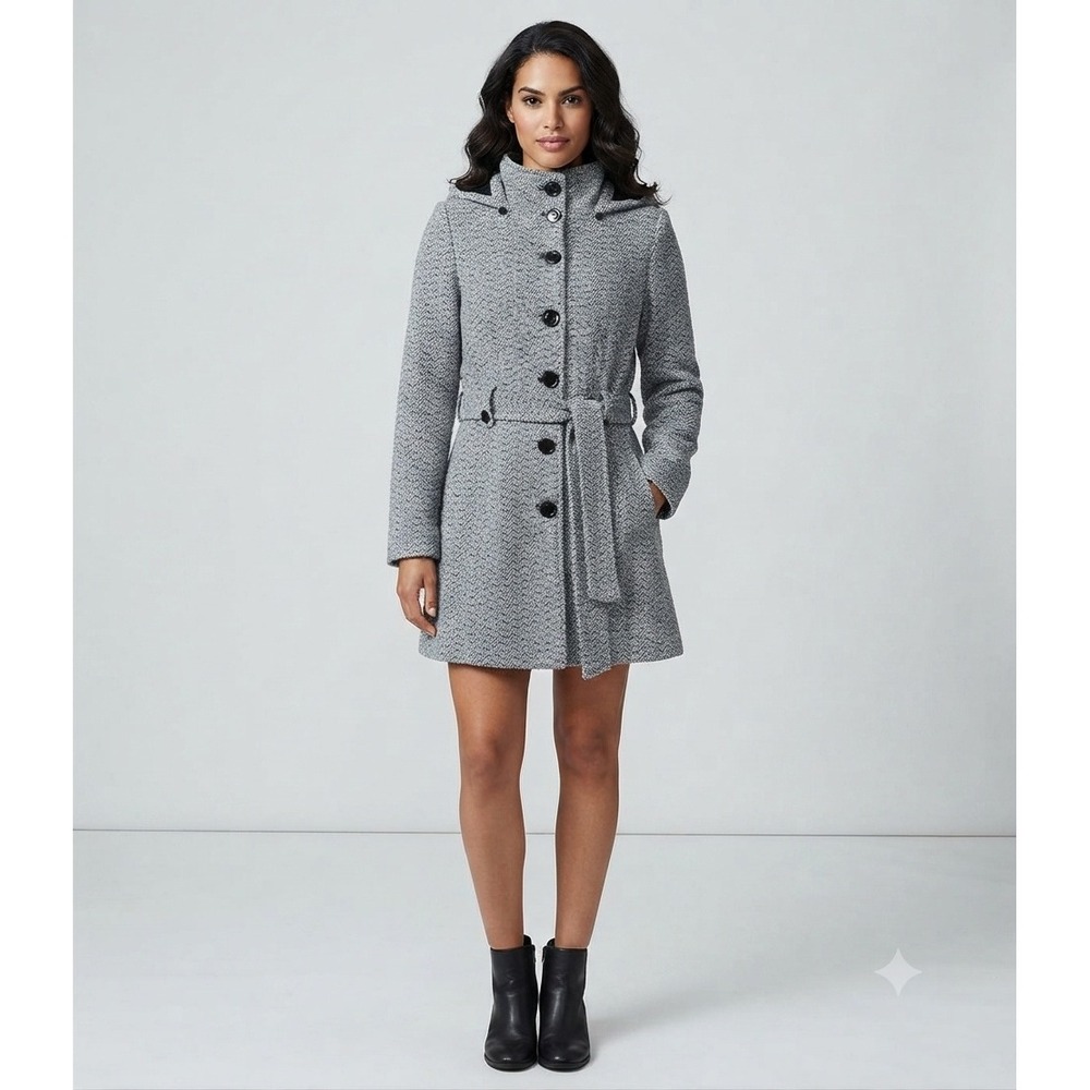 Gallery Women XL Black White Tweed‎ Hooded Wool Blend Belted Parka Chore Coat